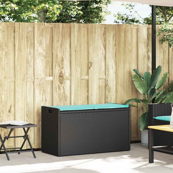 Fekete polyrattan kültéri tárolópad párnával 100 cm