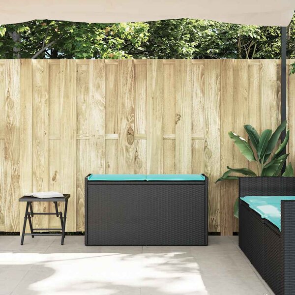 Fekete polyrattan kültéri tárolópad párnával 100 cm
