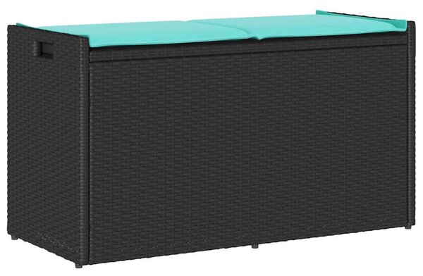 Fekete polyrattan kültéri tárolópad párnával 100 cm