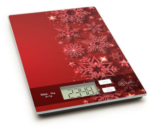 Karácsonyi mintás konyhai mérleg piros színben, 5 kg-os méréshatárral