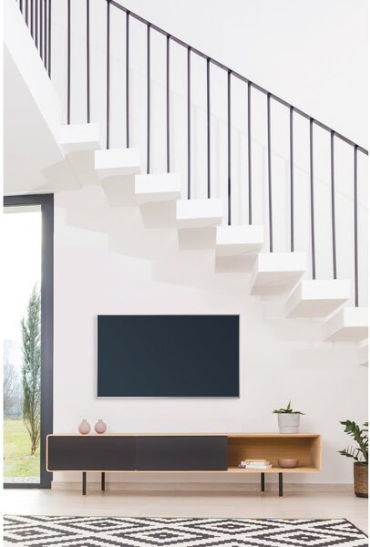 Fekete-natúr színű tölgyfa TV-állvány 200x48 cm Fina – Gazzda