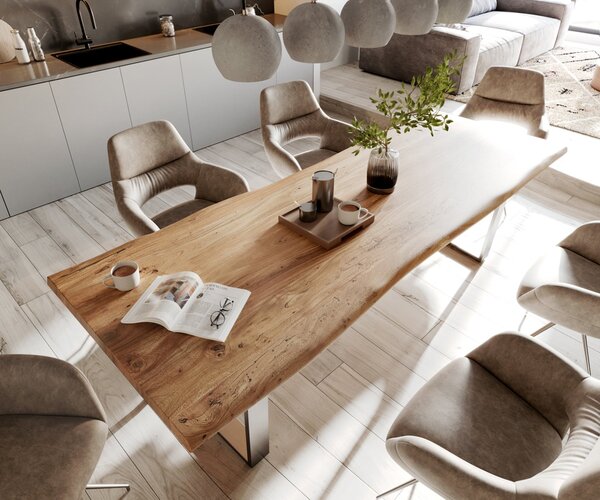 DELIFE Étkezőasztal Edge 280x100 cm XL akác természetes rozsdamentes acél keskeny Live-Edge