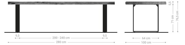 DELIFE Étkezőasztal Edge 280x100 cm XL akác természetes rozsdamentes acél keskeny Live-Edge