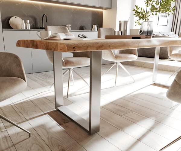 DELIFE Étkezőasztal Edge 280x100 cm XL akác természetes rozsdamentes acél keskeny Live-Edge