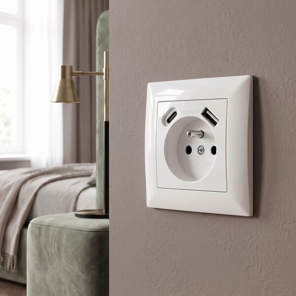 Egyszeres földelt aljzat + USB-A USB-C OSTE JNH004-G White