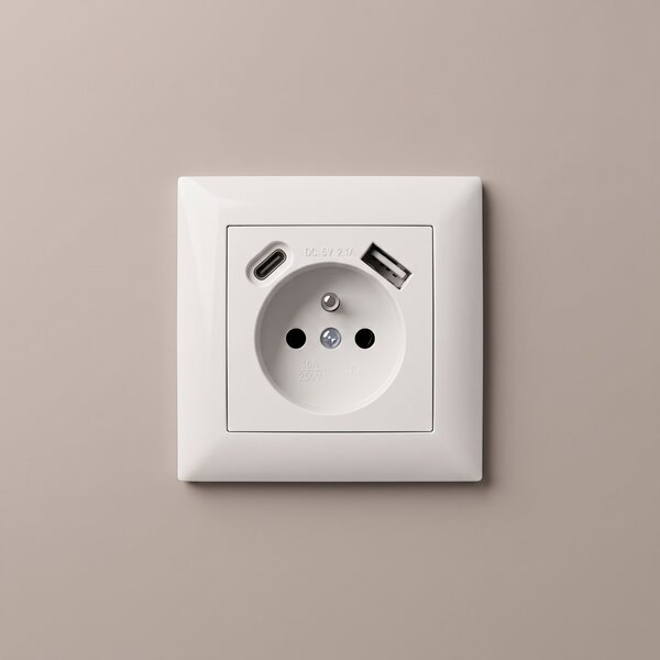 Egyszeres földelt aljzat + USB-A USB-C OSTE JNH004-G White