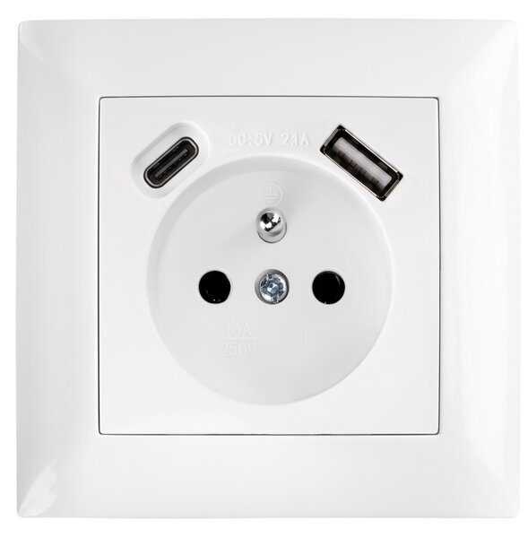 Egyszeres földelt aljzat + USB-A USB-C OSTE JNH004-G White