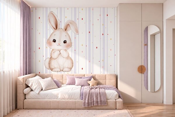 Fotótapéta Aranyos nyuszi lila csíkok és ragyogó csillagok előtt, Fotótapéta állatok, w05920v1 : Uwalls.hu