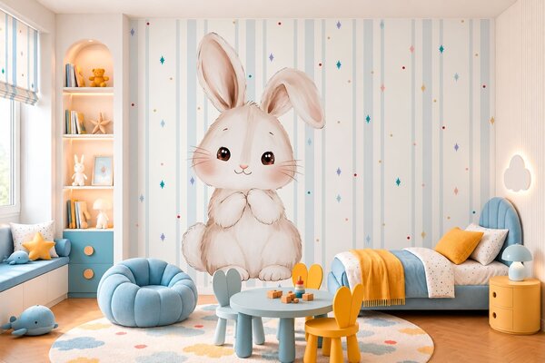 Fotótapéta Aranyos nyuszi kék csíkok és színes csillagok előtt, Fotótapéta állatok, w05920v3 : Uwalls.hu