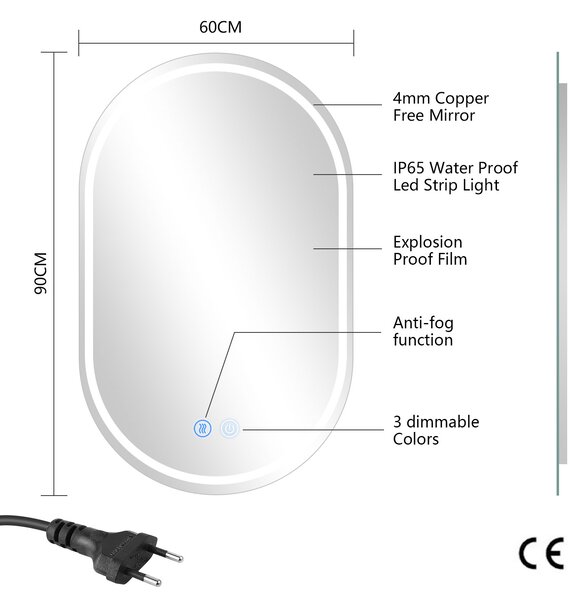 Erga Lyra, ovális LED-es tükör 60x90cm, 3 színű fény, első és hátsó világítás, páramentes fűtőbetét, ERG-V01-Lyra-6090-CL