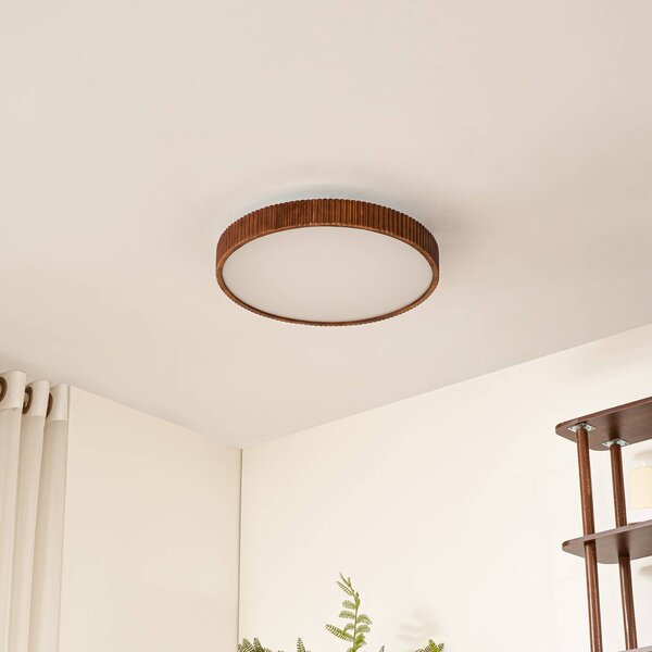 Lindby LED mennyezeti lámpa Velua, fehér/sötét fa, CCT, Ø 50 cm, dimmelhető, Sötét fa, Nappali / Étkező, Fa, Modern