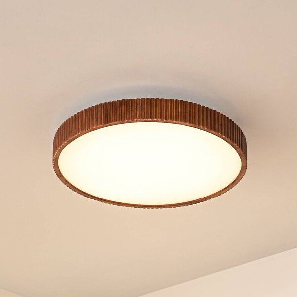 Lindby LED mennyezeti lámpa Velua, fehér/sötét fa, CCT, Ø 50 cm, dimmelhető, Sötét fa, Nappali / Étkező, Fa, Modern