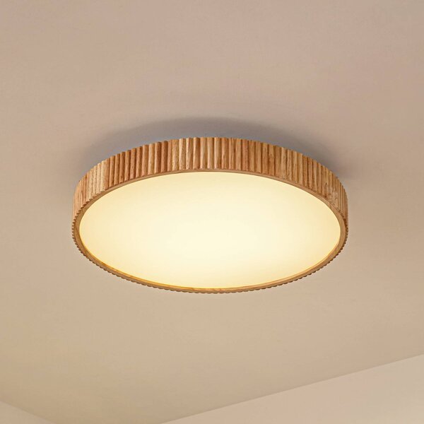 Lindby LED mennyezeti világítás Velua, fehér/világos fa, CCT, Ø 50 cm, dimmelhető, Világos fa, Nappali / Étkező, Fa, Modern