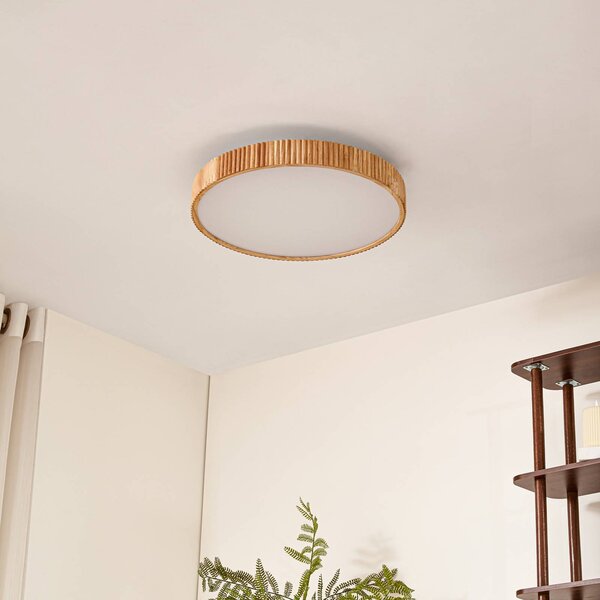 Lindby LED mennyezeti világítás Velua, fehér/világos fa, CCT, Ø 50 cm, dimmelhető, Világos fa, Nappali / Étkező, Fa, Modern