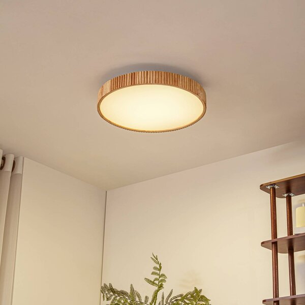 Lindby LED mennyezeti világítás Velua, fehér/világos fa, CCT, Ø 50 cm, dimmelhető, Világos fa, Nappali / Étkező, Fa, Modern