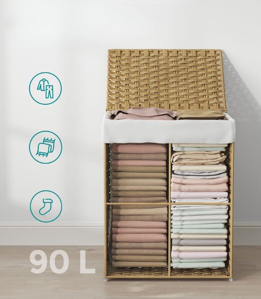 Linélo 90 L Összecsukható Szennyeskosár, bézs műanyag rattan