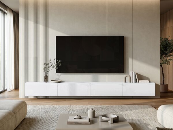 TV-állvány Sarasota 199, Laminált forgácslap, 32x300x33cm, Fényes fehér, Fehér