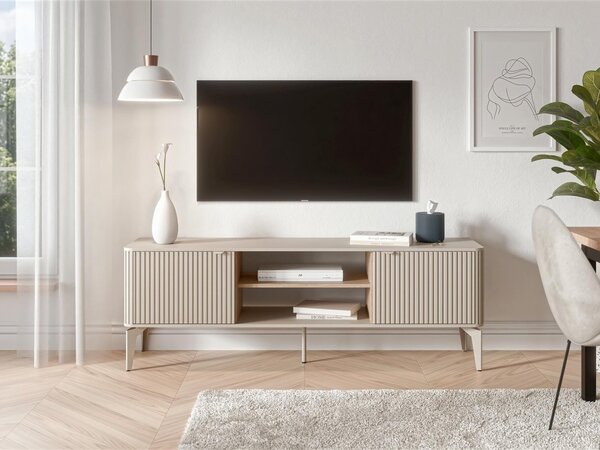 TV-állvány Etcamo 101, Közepes sűrűségű farostlemez, Laminált forgácslap, 56x160x40cm, Kasmír, Cremona tölgy