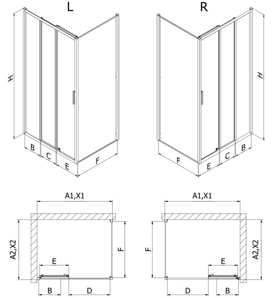 Mexen Exo, tolóajtós zuhanykabin, 80 cm-es ajtó + 75 cm-es oldalfal, átlátszó üveg, fekete, 8153-080-075-70-00