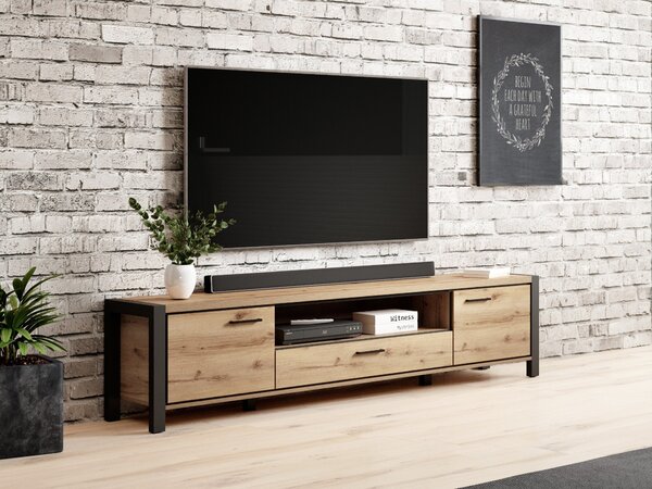 TV-állvány Temire 105, Laminált forgácslap, 50x210x41cm, Világos tölgy, Matt fekete