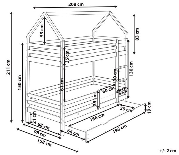 Emeletes ágy fiókokkal GIRGOLS Fenyő Világosbarna 90 x 200 cm Ágyneműtartóval