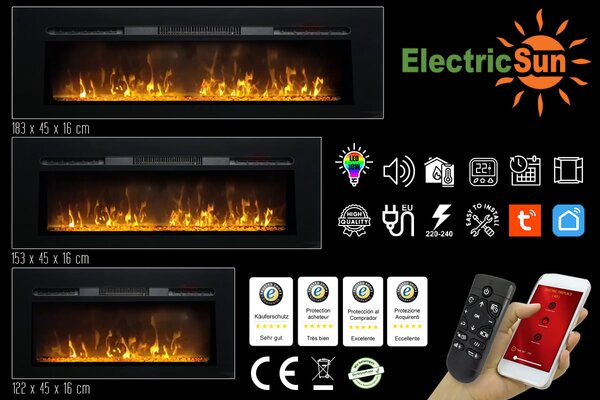 Elektromos kandalló, PAULA fekete, ElectricSun, nagy üveg, falra szerelhető, szabadon álló vagy beépíthető kivitelezéssel, hanghatással, 10 szín, tele