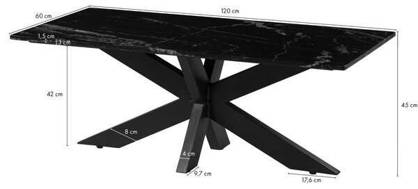BARCELONA fekete márvány dohányzóasztal 120x60x45 cm, fekete vas kereszt váz