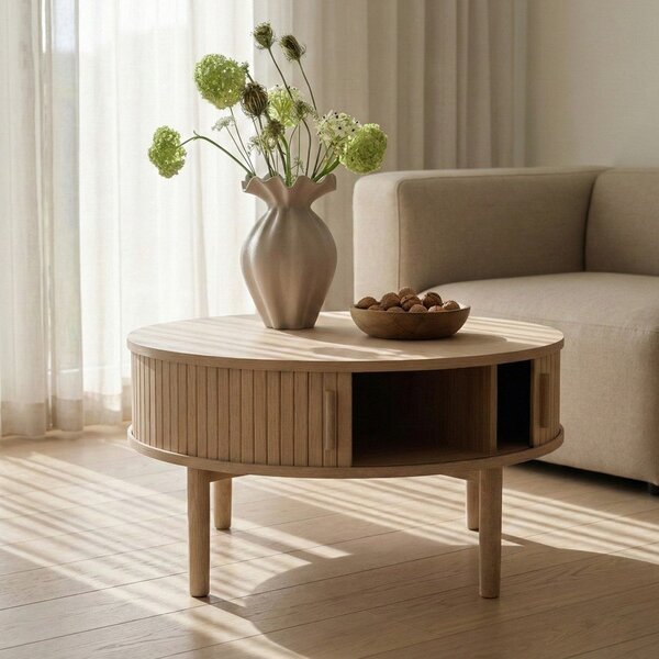 Világos natúr színű kerek dohányzóasztal, tölgyfa dekorral ø 85 cm Meta – Unique Furniture