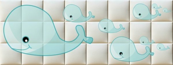 Kék bálna rajz illusztráció gyerekszoba nyomtatott műbőr babafalvédő, ágy mögé (200x75 cm)