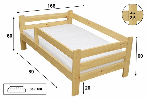 JAKS Miki 80×160 cm tömör fenyőfa gyerekágy – természetes fenyő