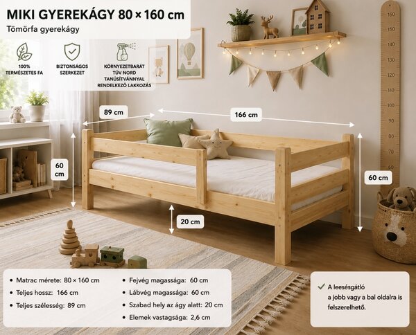 JAKS Miki 80×160 cm tömör fenyőfa gyerekágy – természetes fenyő