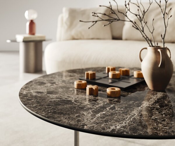 DELIFE Dohányzóasztal Edge kerek 90x90 cm Laminam® Emperador extra polírozott sötétbarna Trive rozsdamentes acél szálcsiszolt
