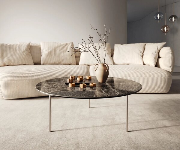 DELIFE Dohányzóasztal Edge kerek 90x90 cm Laminam® Emperador extra polírozott sötétbarna Trive rozsdamentes acél szálcsiszolt
