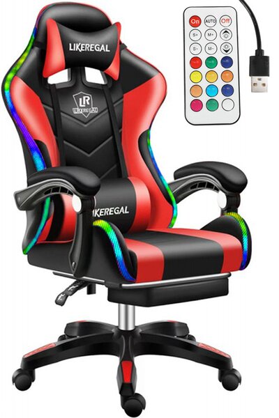 Likeregal 920 LED-es masszázs gamer szék lábtartóval piros