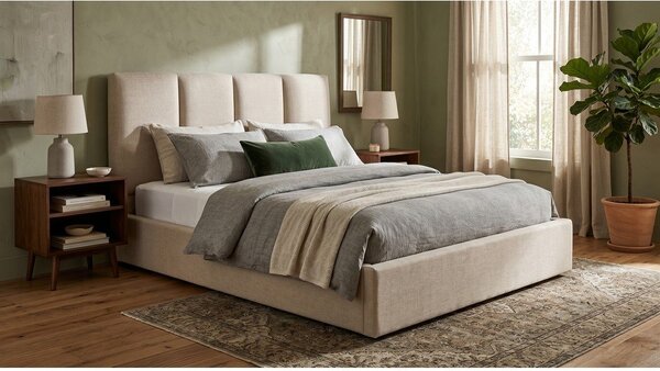Bézs kárpitozott franciaágy tárolóhellyel ágyráccsal 180x200 cm Juniper – Mazzini Beds