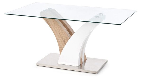 Asztal Houston 269, Fehér, Sonoma tölgy, 76x90x160cm, Edzett üveg, Közepes sűrűségű farostlemez, Fém