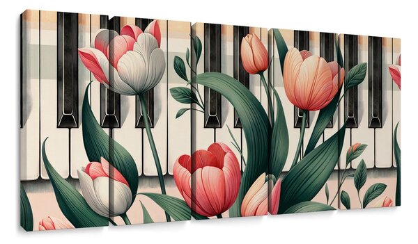 5 részes kép zongora és tulipánok virágszimfóniában