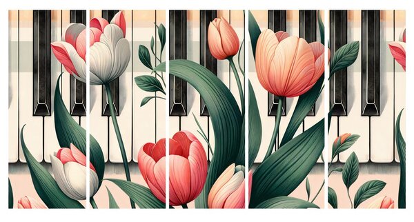 5 részes kép zongora és tulipánok virágszimfóniában