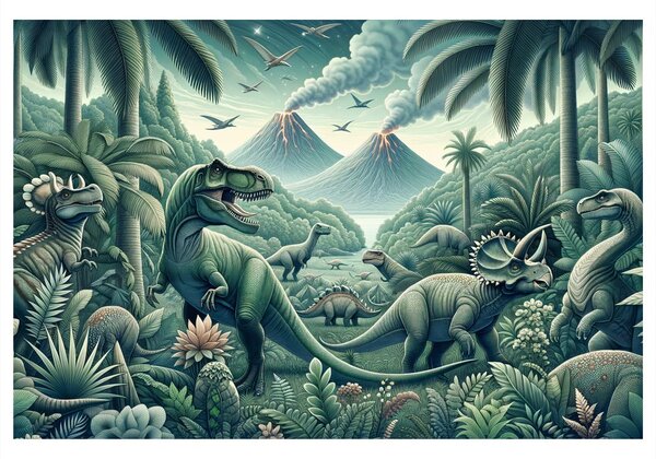 Kép dinoszauruszok vulkános őserdőben