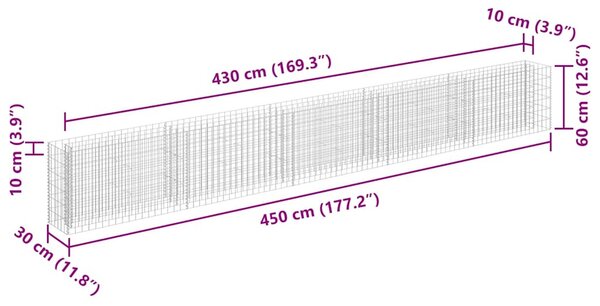 Horganyzott acél gabion magaságyás 450 x 30 x 60 cm