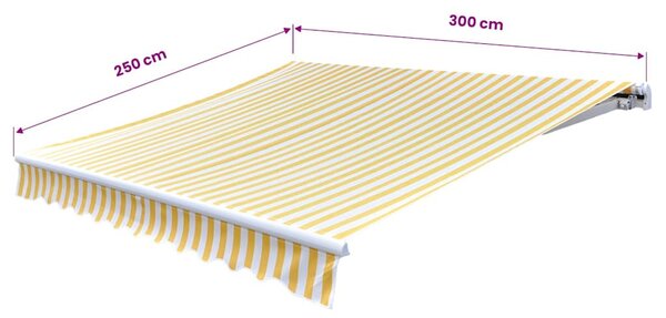 VidaXL kézi működtetésű összecsukható napellenző, sárga-fehér, 300 cm