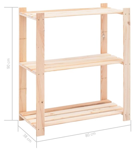 2 db 3-szintes tömör fenyőfa tárolópolc 150 kg 80 x 38 x 90 cm