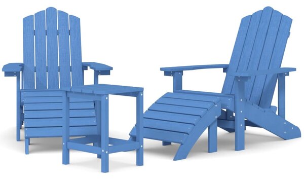 Vízkék HDPE kerti adirondack székek lábtartóval és asztallal