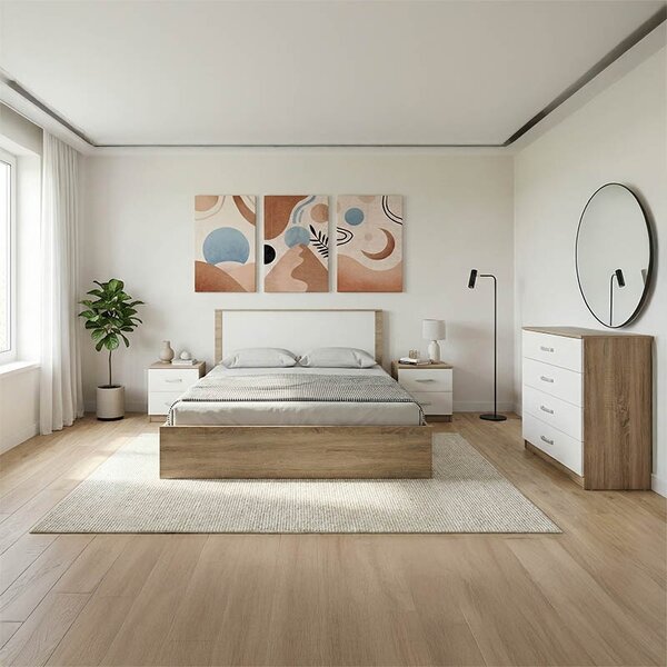 4 darabos hálószoba bútor szett ágykerettel, éjjeliszekrénnyel és komóddal, Athos, tölgy, 170x206.5x96 cm