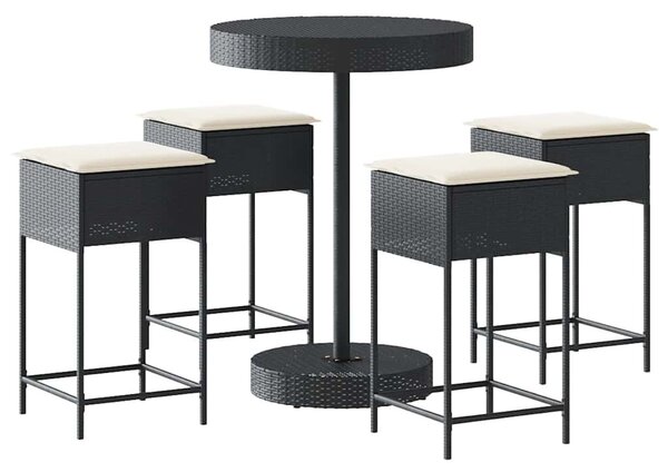 5 részes fekete polyrattan kerti bárszett párnával