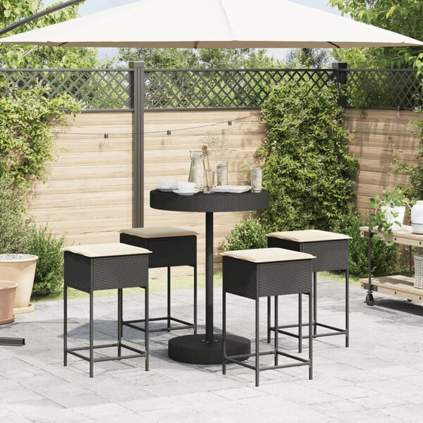 5 részes fekete polyrattan kerti bárszett párnával