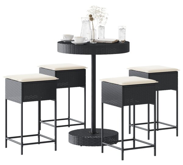 5 részes fekete polyrattan kerti bárszett párnával