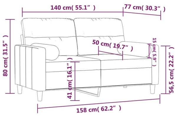 2 személyes krémszínű szövet kanapé díszpárnákkal 140 cm