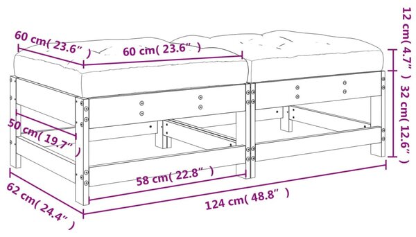 2 db fehér tömör fenyőfa kerti lábzsámoly párnával