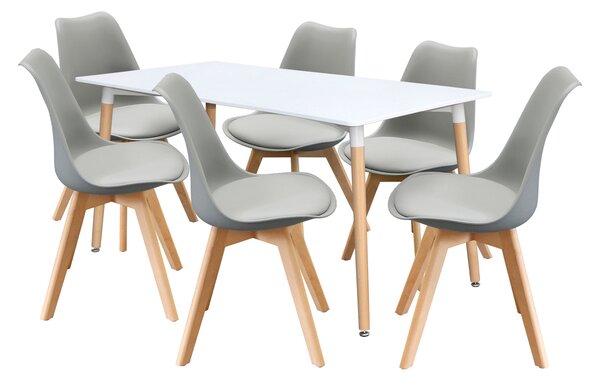 Étkezőasztal 160x90 QUATRO fehér + 6 szék QUATRO szürke